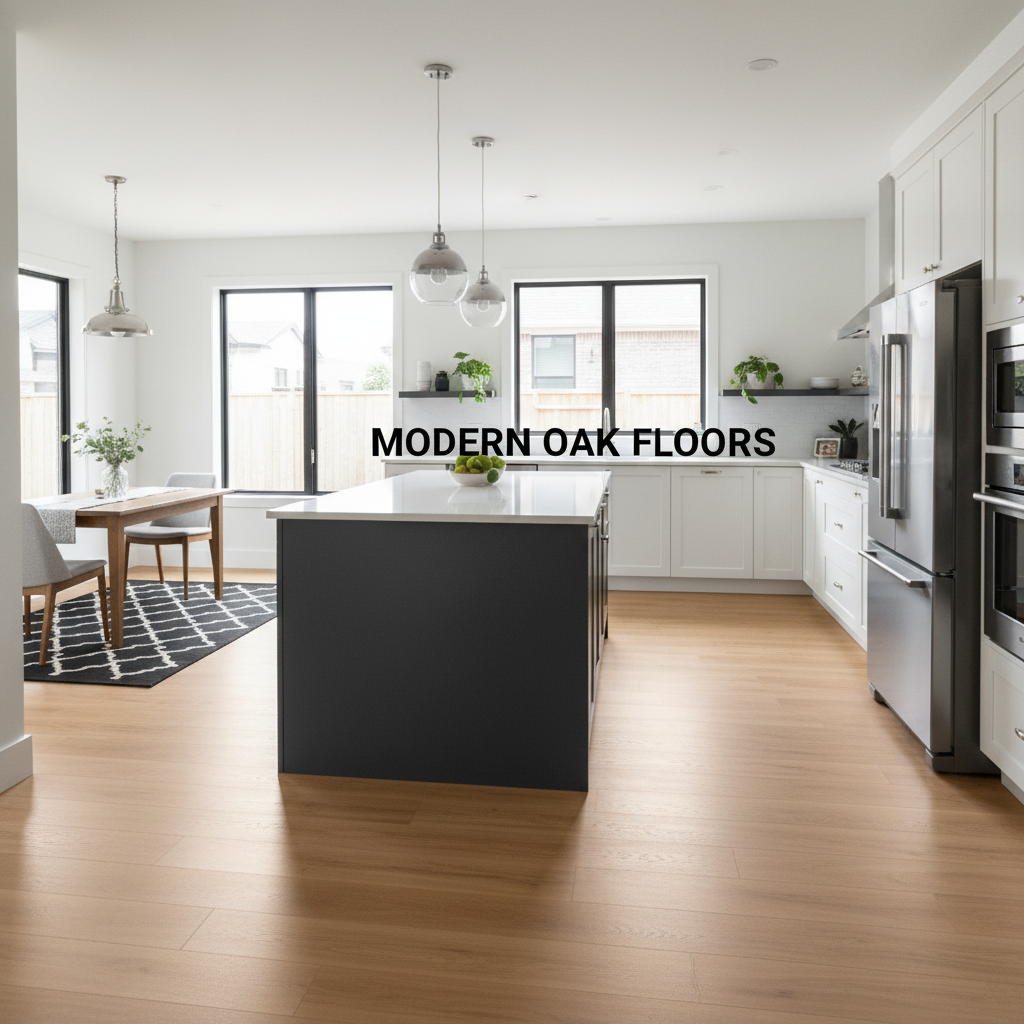 Hybrid flooring provides the look of natural oak with a 100% waterproof rigid core. Modern hybrid flooring with light oak appearance professionally installed in a contemporary kitchen.