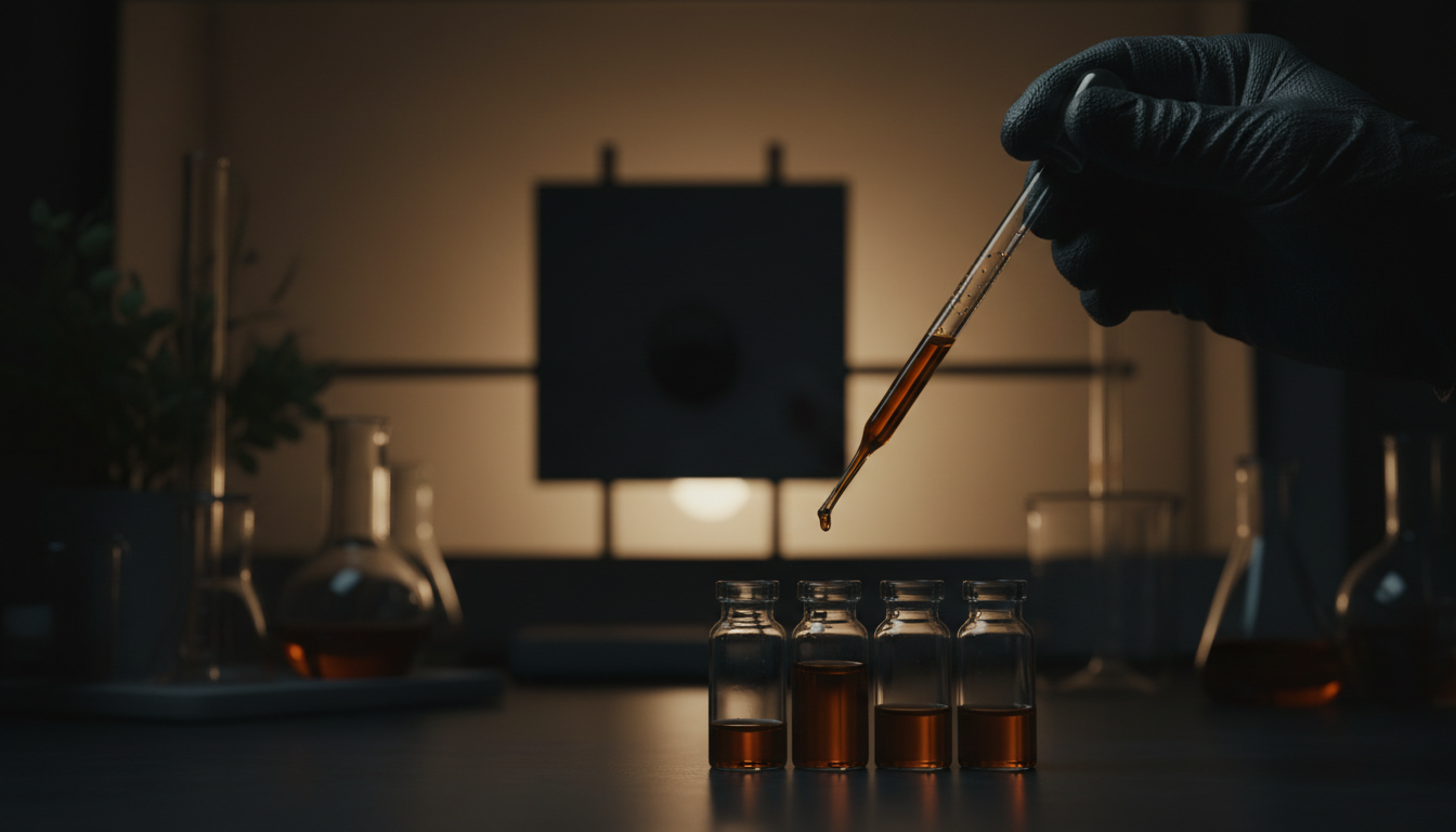 Green chemistry extracts high-value molecules from agroforestry systems, diversifying farm revenue. A gloved hand transferring amber liquid into vials on a laboratory bench with warm lighting.