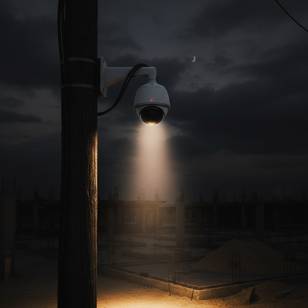 Modern job site security cameras offer 24/7 surveillance even in low light conditions. A white security camera mounted high on a wooden utility pole overlooking a dark construction site at night.