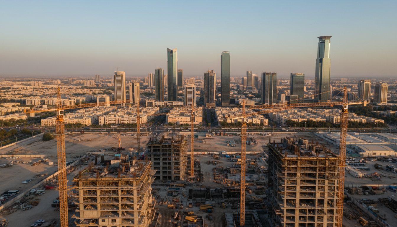 6K aerial footage captured over Riyadh sites serves both documentation and investor presentations. High-altitude cinematic aerial footage of Riyadh construction sites at golden hour with cranes and building outlines visible