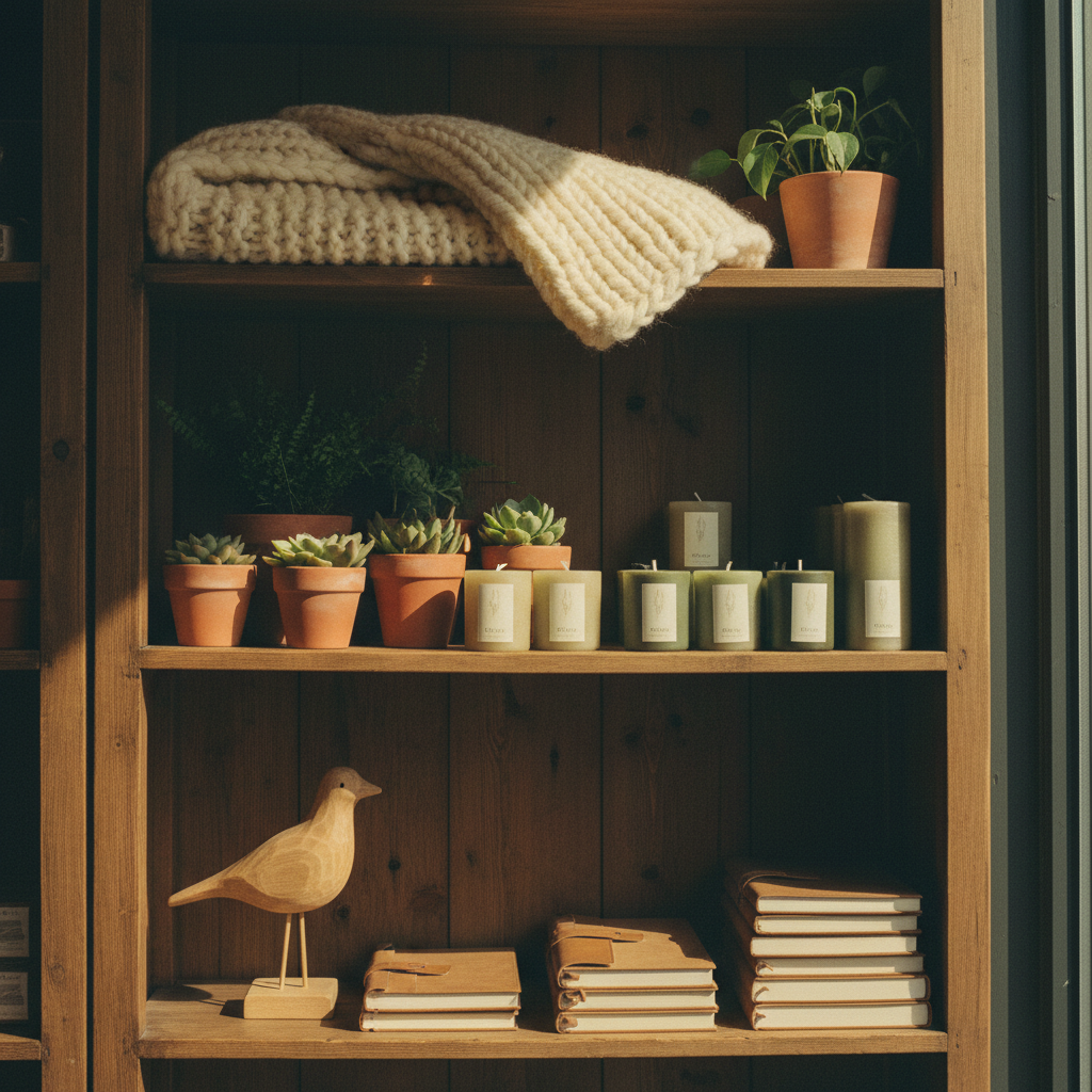 Finding a unique, hand-selected item in a local shop adds a layer of discovery to your gift. Vintage style shot of a retail shelf with a knitted blanket, candles, and handmade wooden items.
