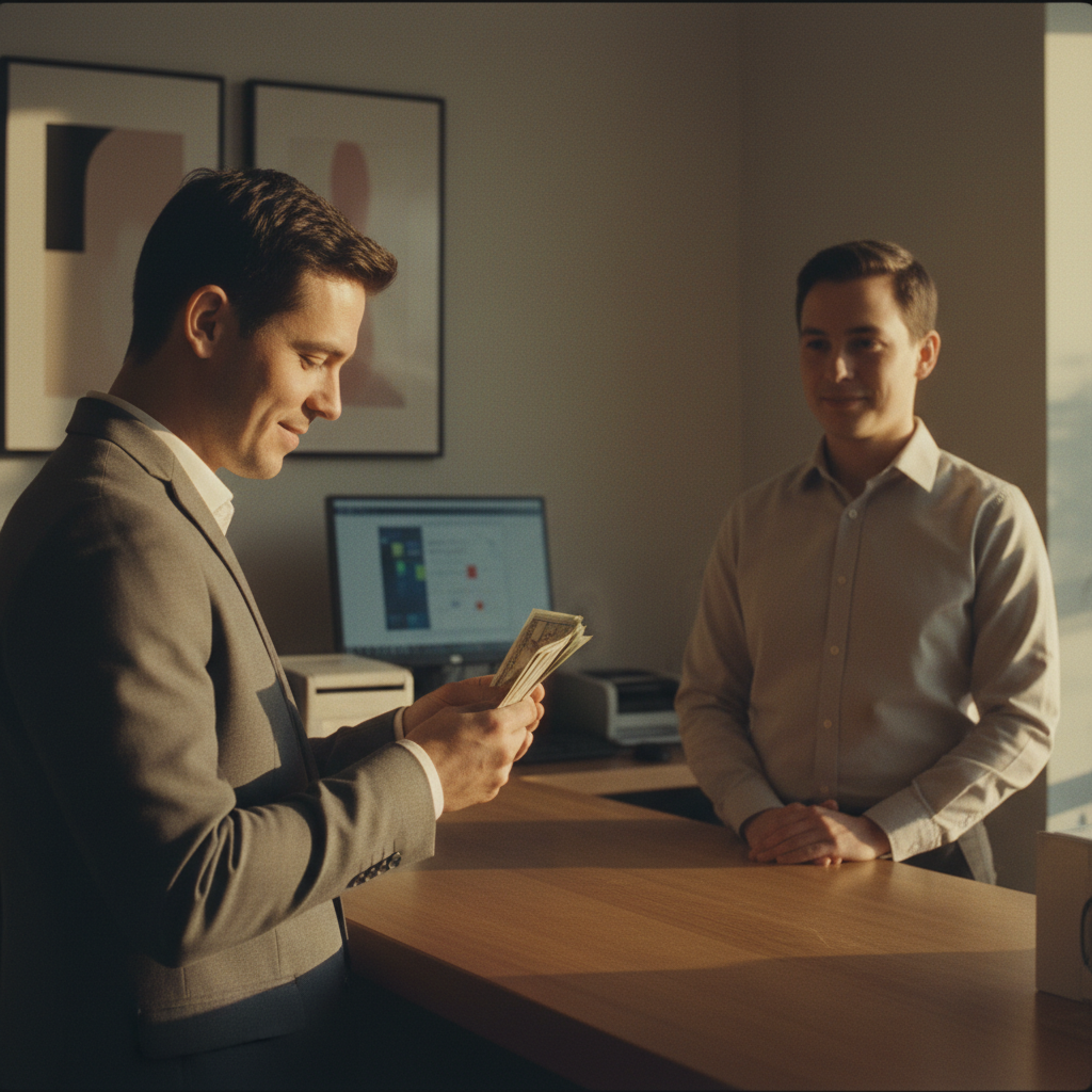 Cash pickup in minutes: no bank account needed for the recipient anywhere in the world. Customer counting received cash at a money transfer counter after a successful international payout