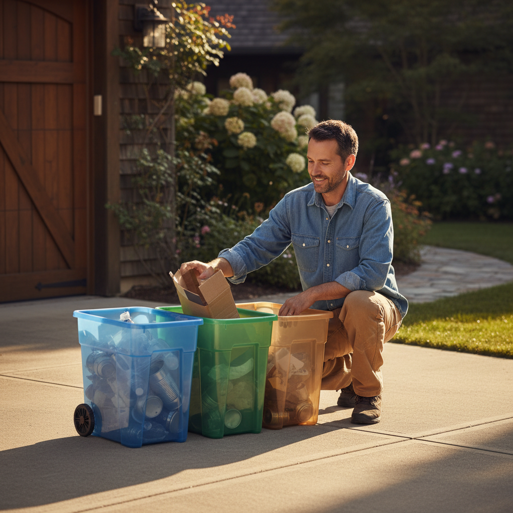 Setting up a clear sorting station at home makes environmental responsibility much easier for the whole family. A person sorting cardboard and plastics into organized bins in a sunlit residential driveway.