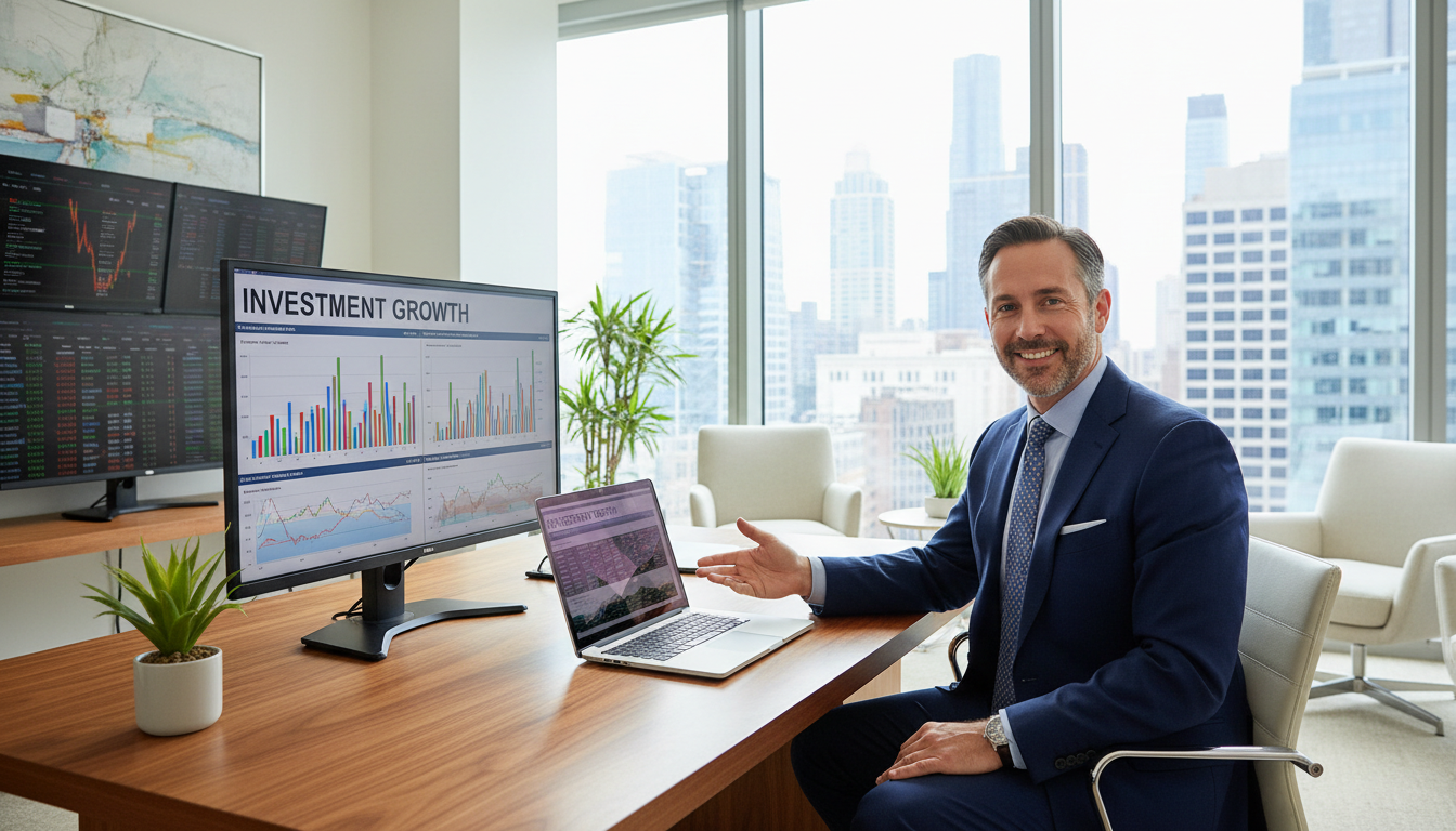 Visualizing how different market sequences impact long-term portfolio sustainability is a key part of retirement education. A professional financial advisor in a modern office using a laptop and charts to demonstrate retirement data.