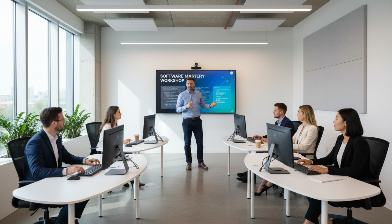 Proper training is essential to prevent employee resistance during a system transition. A trainer leading a software training session with small business employees in a bright modern office.
