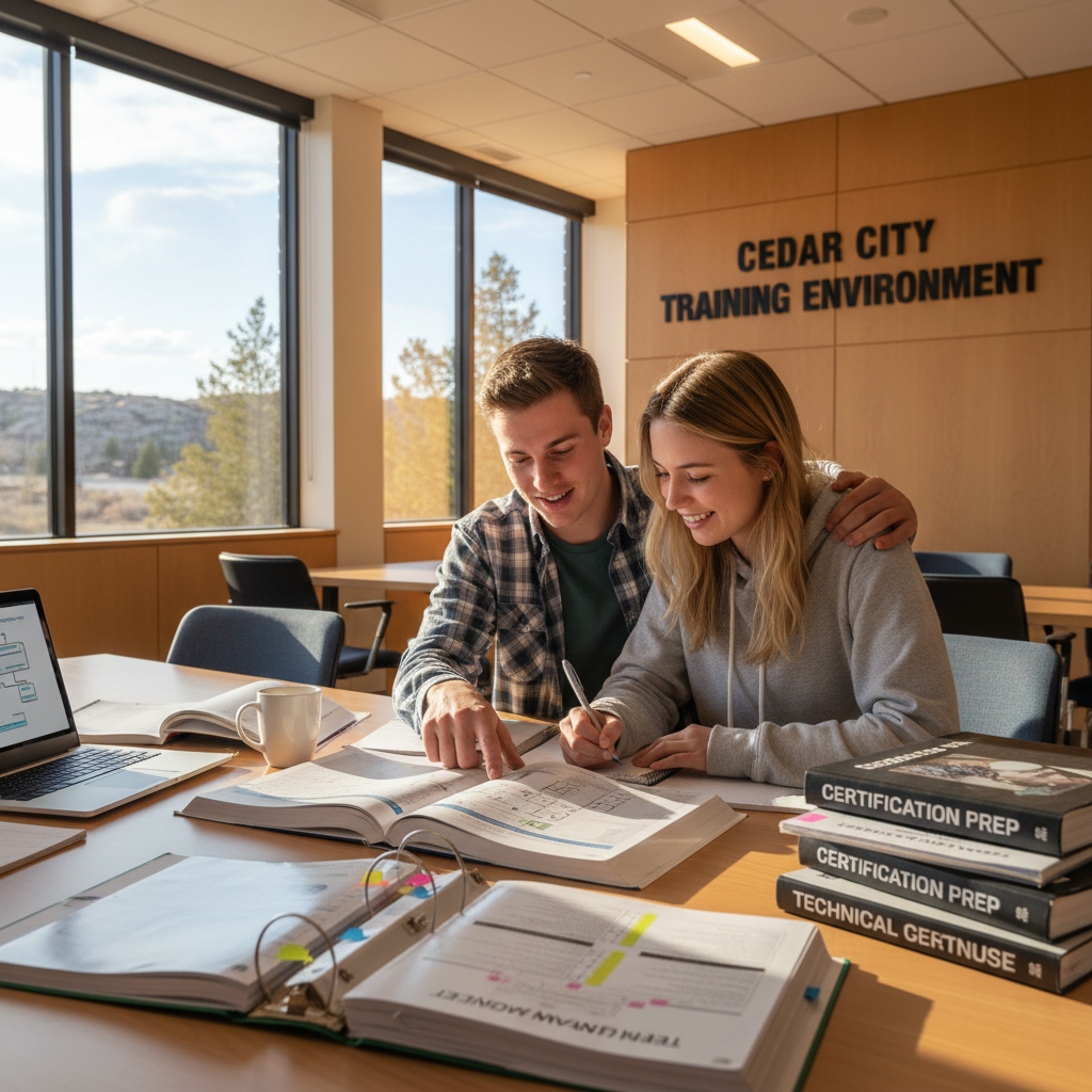 Utah offers several financial aid options, including WIOA grants, to help adults transition into the trades. Two students collaborating over technical documentation and certification prep materials in a shared workspace.