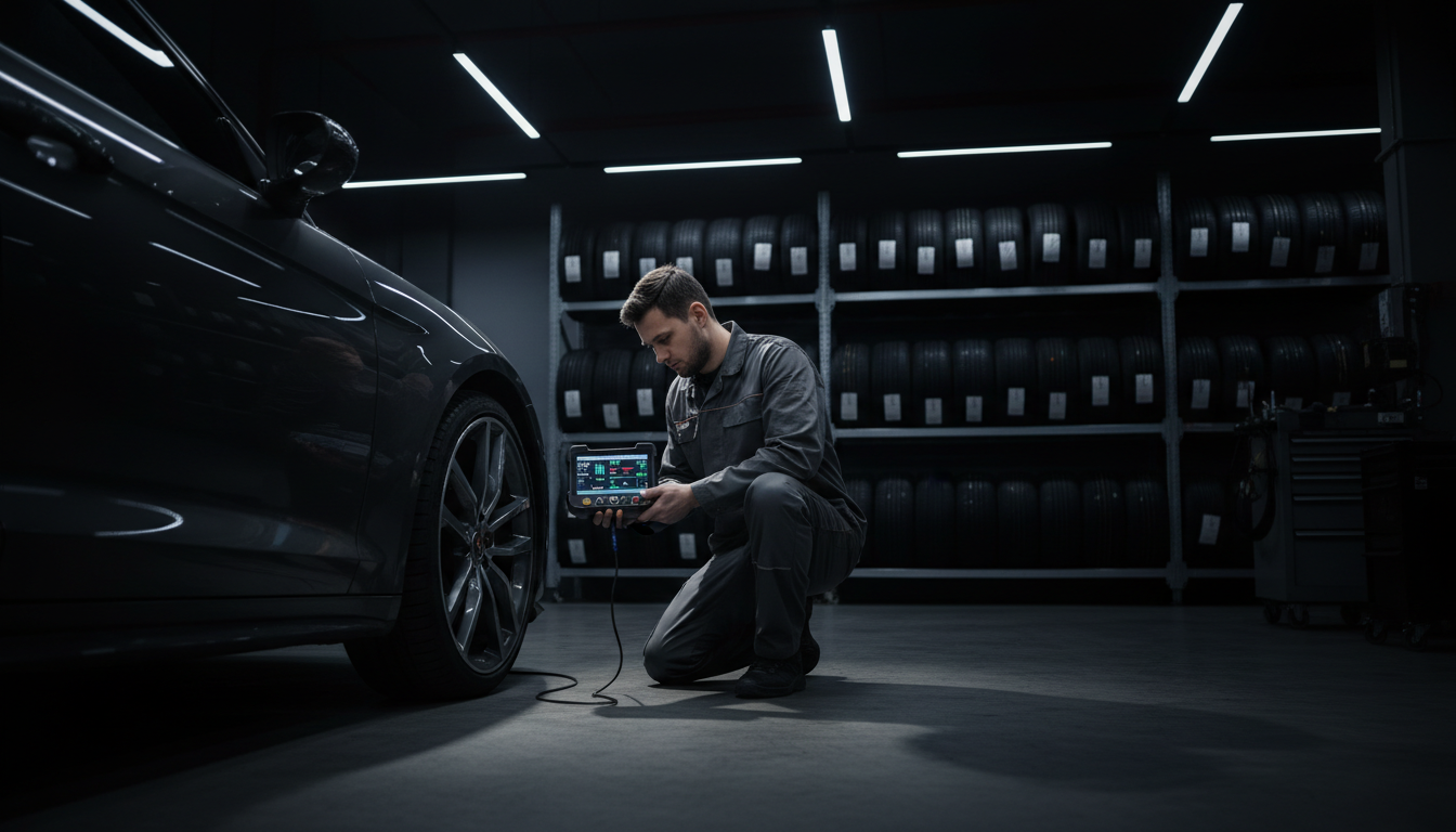 Modern tire replacement requires specialized diagnostic tools to maintain vehicle safety systems. Technician in a professional uniform using a digital TPMS diagnostic tool near a vehicle wheel with tires visible in the background.