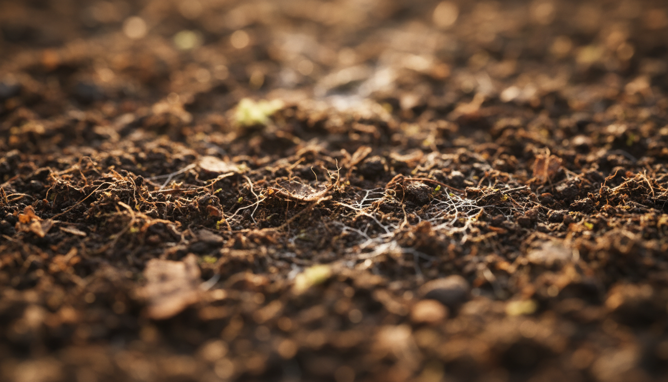 Below-ground carbon storage is powered by complex fungal and root networks. Extreme close-up of dark soil rich with organic matter, showing tiny root hairs and mycelium threads.