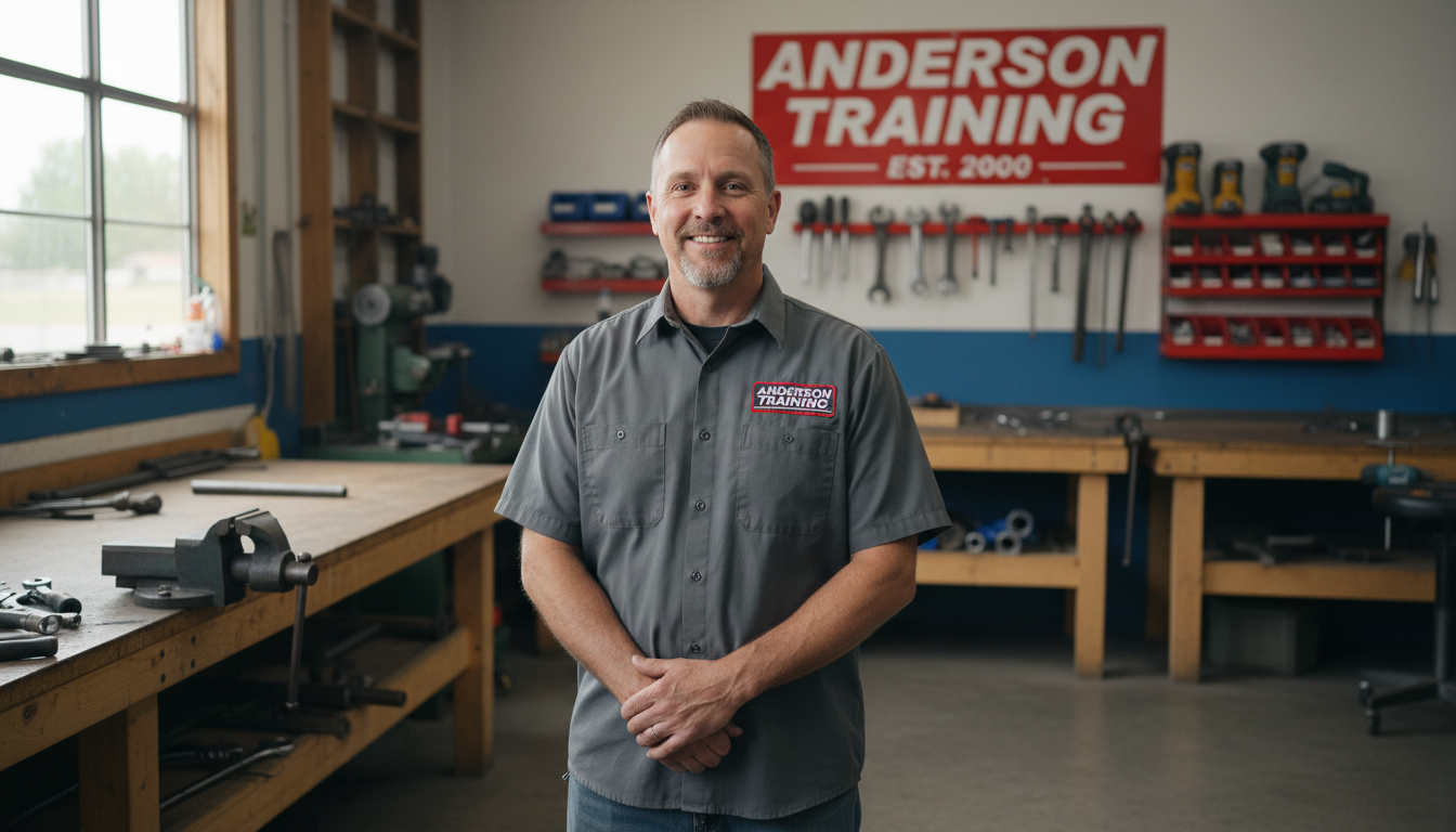 Expert instruction from experienced tradespeople ensures training remains relevant and practical. Jason Goble, owner of Anderson Training, standing in a workshop setting with an approachable expression.