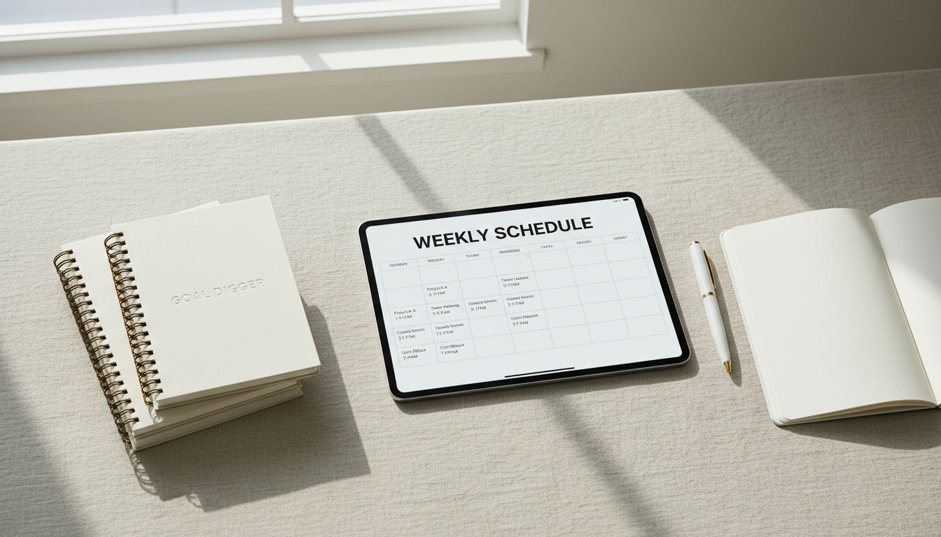 Visualizing your week in blocks can help overcome common time blindness challenges. A digital tablet displaying a weekly planner layout with clear blocks and sections next to a pen.