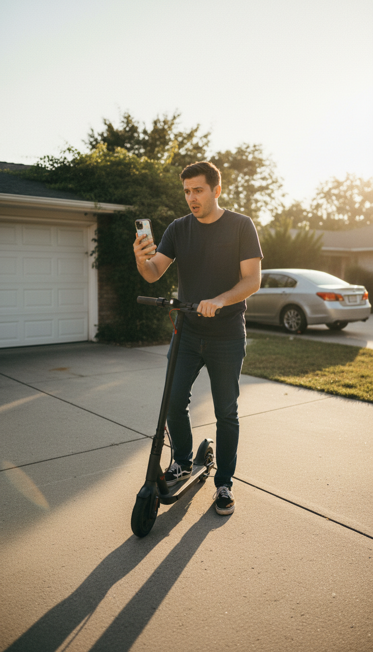 Many riders discover too late that their standard homeowners policy excludes coverage for electric ride accidents occurring off their property. A person standing in a driveway next to an electric scooter, looking concerned while checking insurance details on their smartphone.