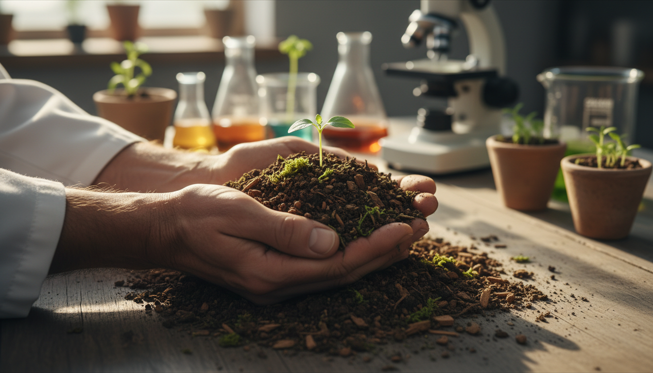 Precision measurement of soil carbon and biomass is essential for verifying sequestration rates. A scientist's hands holding rich dark soil and wood chips with a small seedling emerging in a laboratory environment.