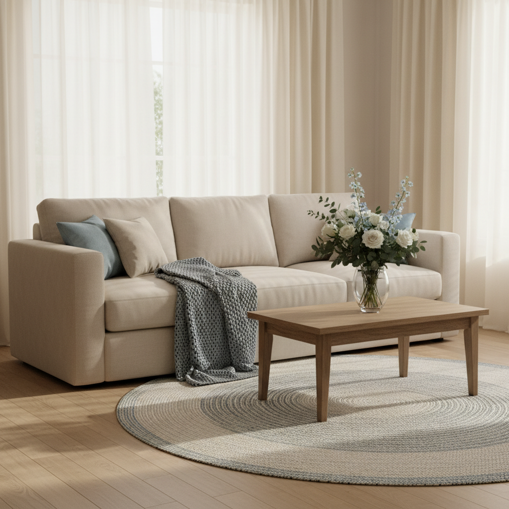 A clean home provides a sense of peace and wellness during a chaotic move. A peaceful and tidy living room with soft sunlight, a neutral couch, and fresh flowers.