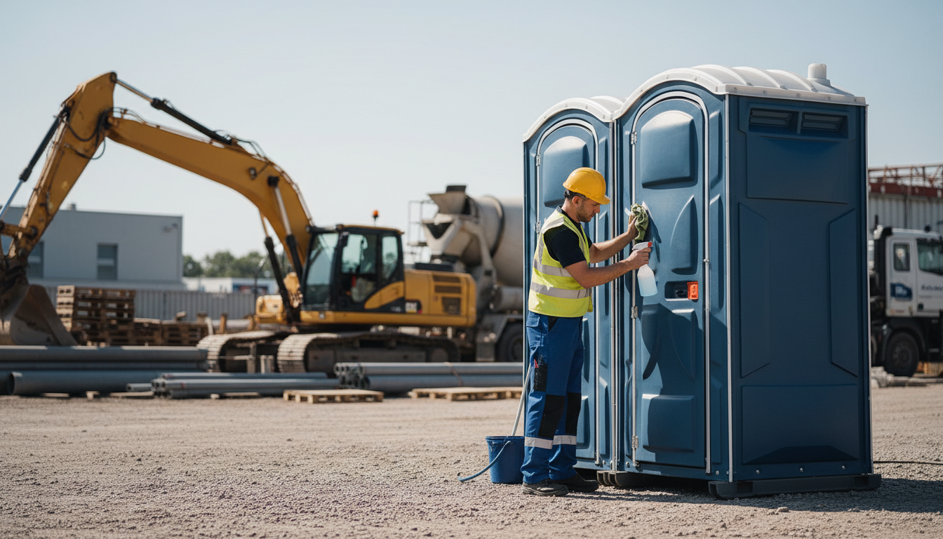 Professional servicing ensures units remain hygienic and fully stocked throughout your project or event. A sanitation technician performing routine maintenance and cleaning on a portable restroom unit.