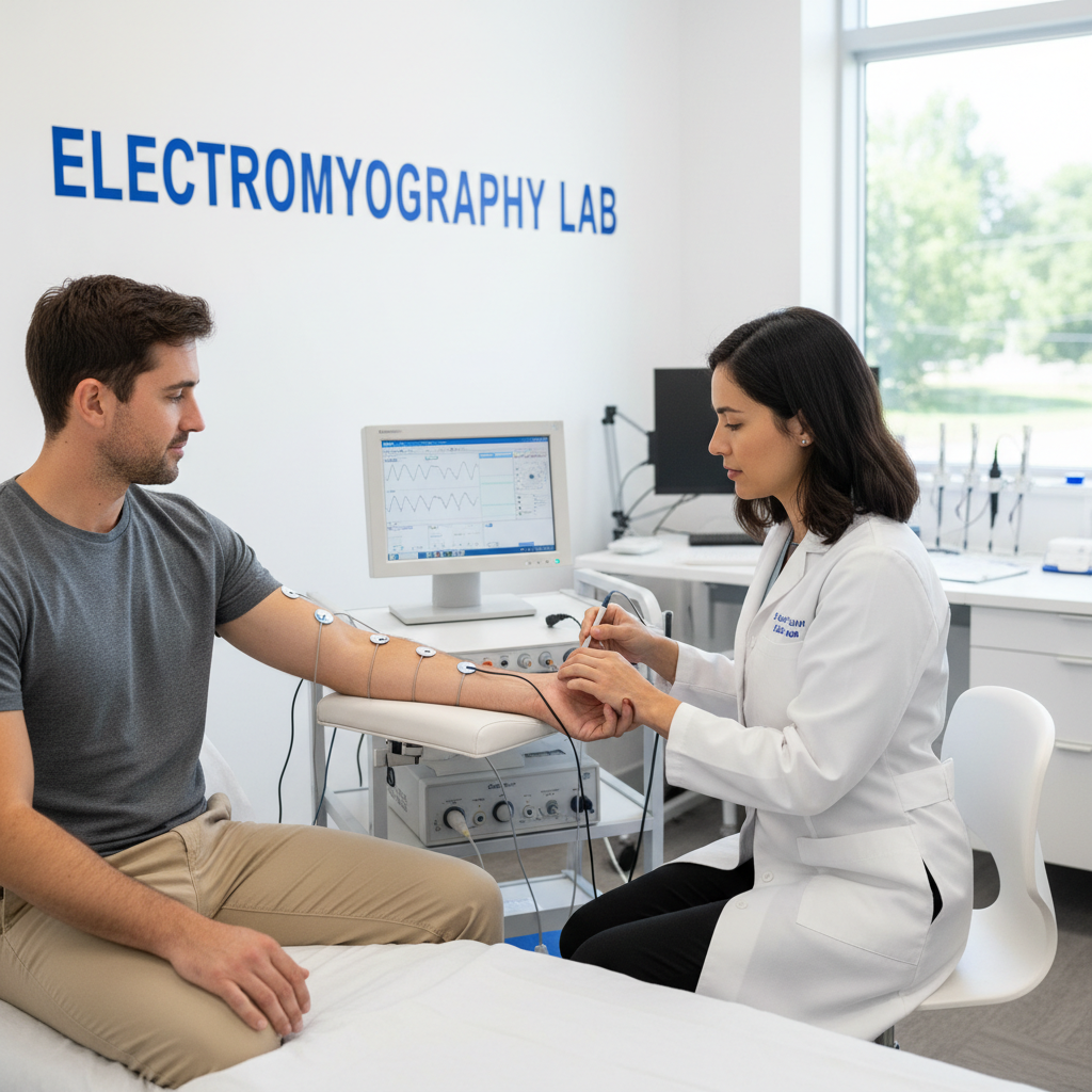 L'EMG permet d'analyser précisément la conduction nerveuse après un traumatisme. Neurologue effectuant un test d'électromyographie sur le bras d'un patient pour évaluer le nerf axillaire