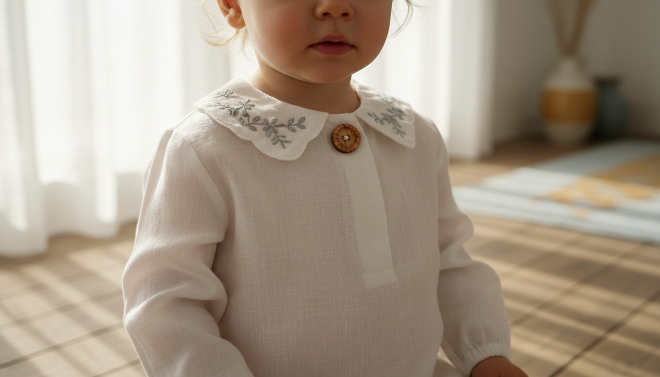 High-quality details and adjustable fits allow heirloom pieces to remain in the wardrobe for seasons. A toddler in a crisp white linen blouse with a focused shot on a single artisan-crafted wooden button.
