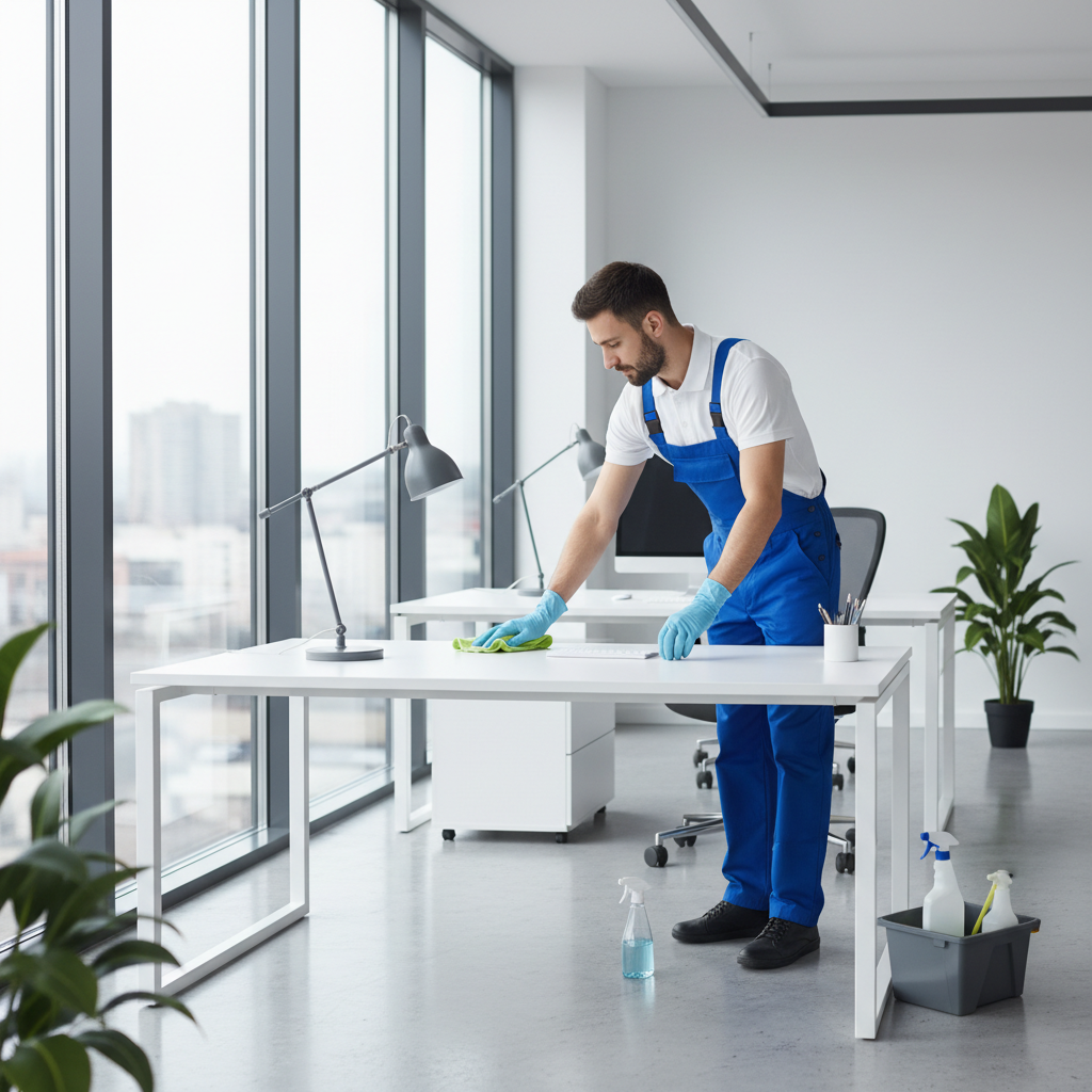 Professional maintenance plans can help keep your home healthy even when your schedule is full. A professional cleaning worker wiping down a desk surface in a bright, modern office space.