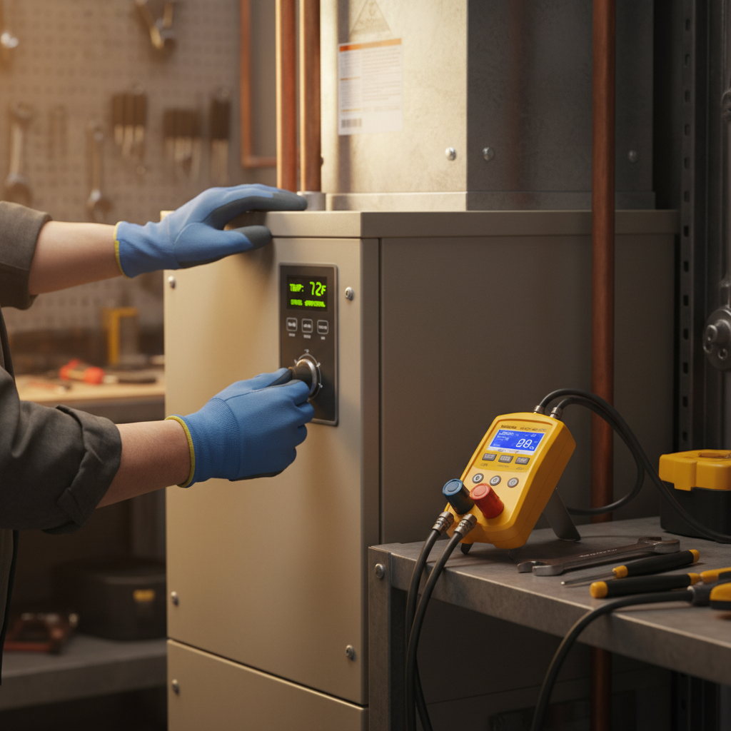A WETT inspection involves a detailed technical assessment of your entire heating system. Close up of a technician's hands using professional tools to inspect heating equipment components.