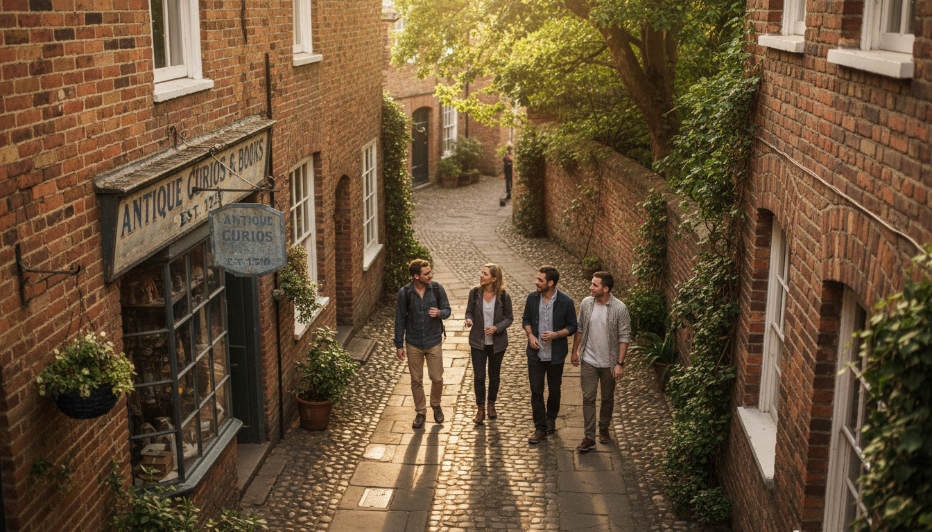 Walking allows access to the narrow, historic 'lilong' lanes that cars simply cannot reach. A small group exploring a narrow red brick laneway with vintage shopfronts and dappled sunlight.