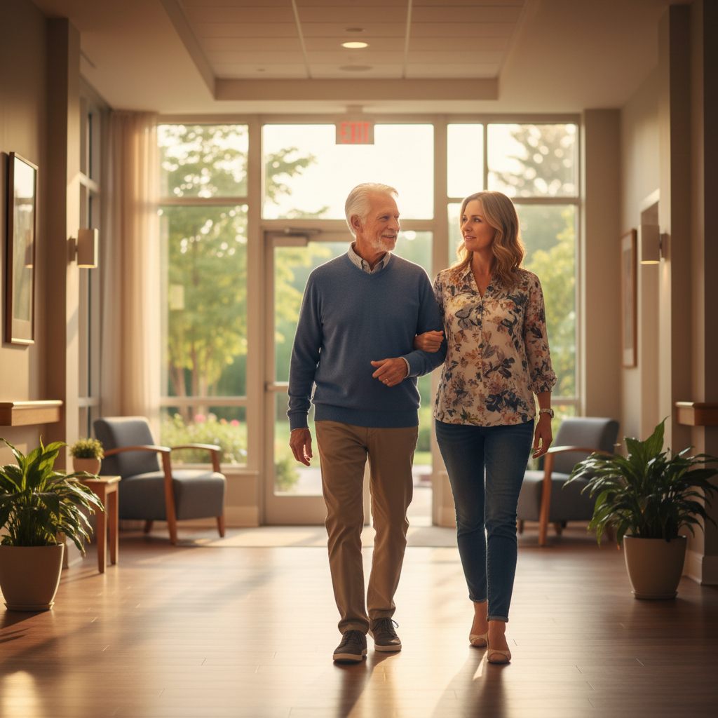The first few weeks are about exploration and finding comfort in the new environment. An older adult and their adult child walking together through a bright, sunlit hallway in a senior living community.