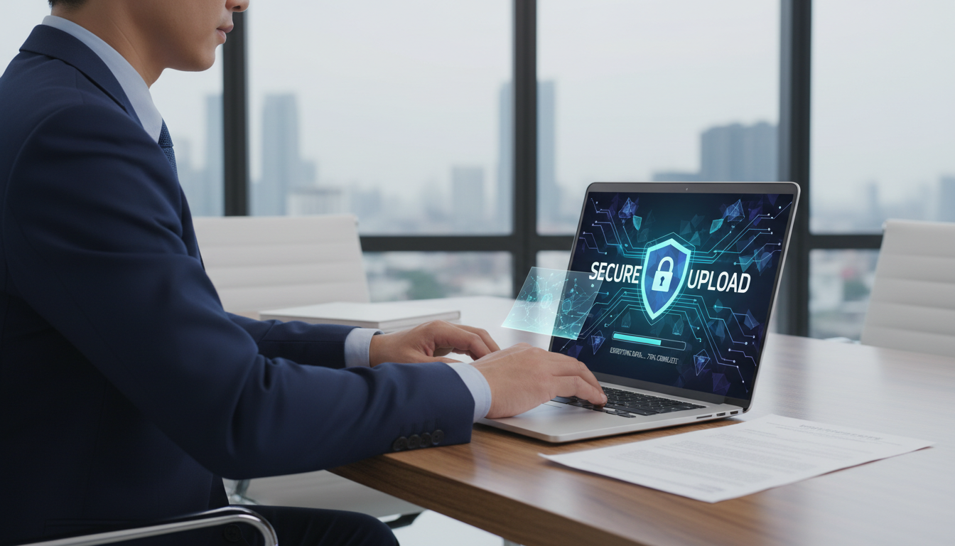 La apostilla electrónica permite gestionar el trámite sin desplazarse al organismo competente. Profesional subiendo documentos oficiales a plataforma digital segura desde ordenador portátil en oficina moderna