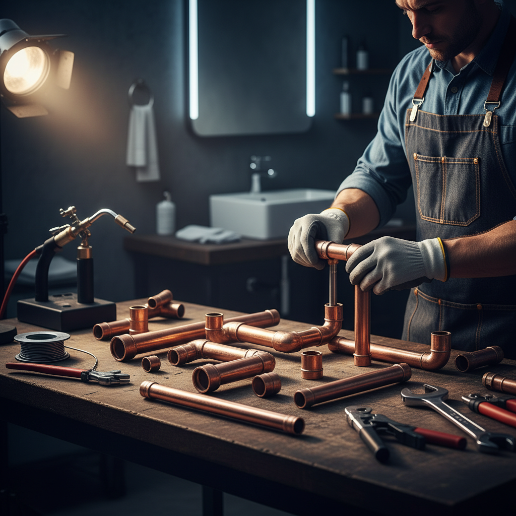 Professionals use higher grade materials than standard store-bought repair kits. Organized professional plumbing tools and high quality copper piping on a workbench.