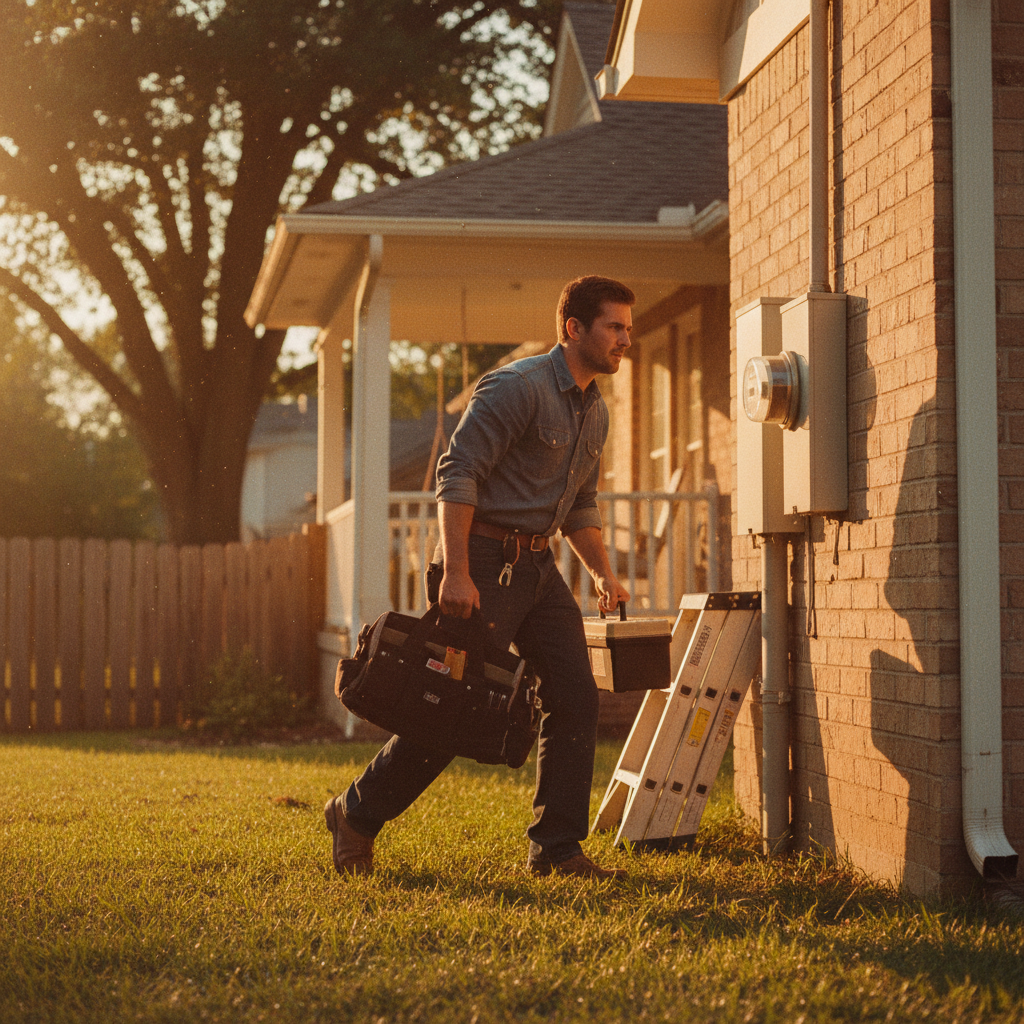 Burning smells are an electrical emergency that requires immediate professional attention to prevent fire. An electrician arriving at a residential home during golden hour to address an urgent electrical issue.
