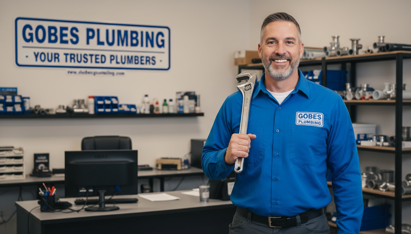 Expert help from Gobes Plumbing ensures your repairs meet local code requirements. Jason Goble, owner of Gobes Plumbing, smiling while holding a professional plumbing tool.