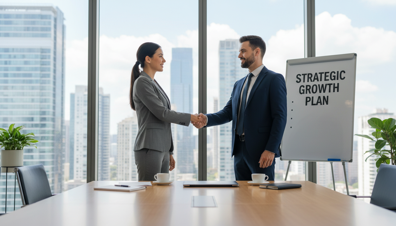 A successful sale begins with a relationship built on trust and professional expertise. A professional business owner and an advisor shaking hands during a meeting in a modern, sunlit office.
