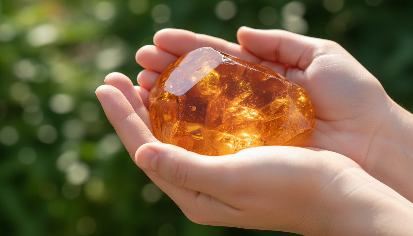 Los cristales y símbolos específicos actúan como llaves en la sanación kármica. Manos sosteniendo un cristal de ámbar brillante representando la energía focalizada del Reiki Kármico.
