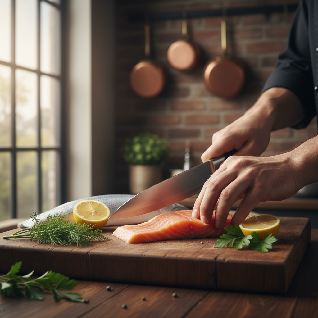 From the ocean to the plate, we ensure your catch is handled with professional care. Chef's hands preparing a fresh salmon fillet on a wooden cutting board with herbs and lemon.