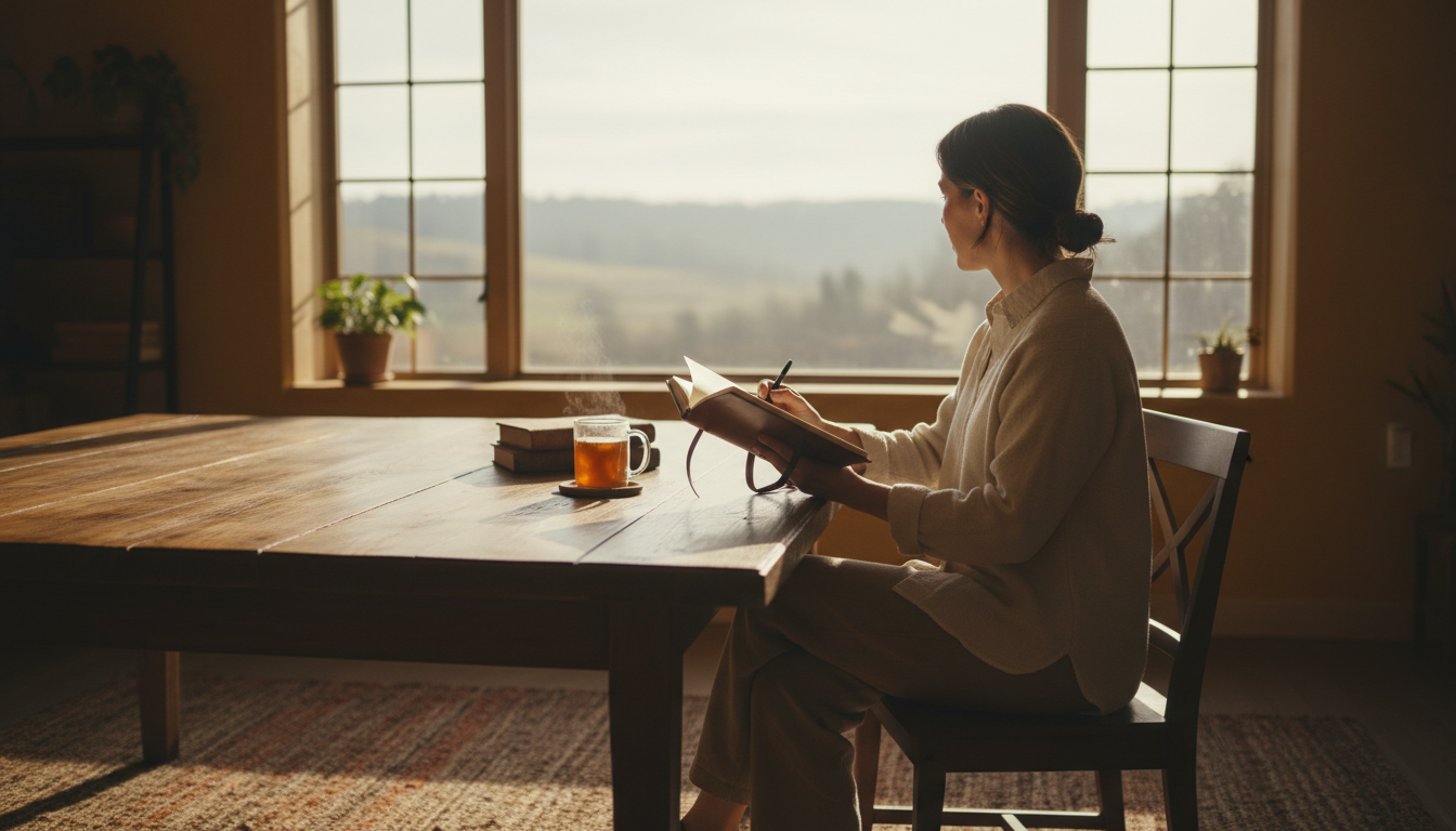 Taking a moment for honest reflection is the first step toward finding your true direction. A person sitting at a wooden desk in soft morning light, journal and pen in hand, looking out a window in reflection.