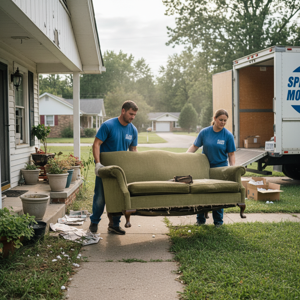 Removing large debris is the first critical step in post-construction property preparation. Professional cleaners carrying debris and old furniture out of a residential property to a truck.