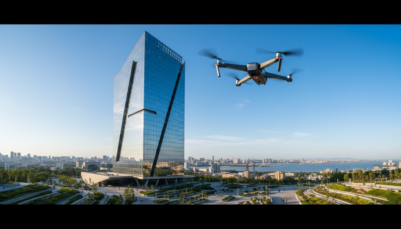 Riyadh's development boom demands aerial perspectives that ground-level cameras simply cannot provide. Professional drone flying above a modern Riyadh building against a clear blue sky during a property shoot