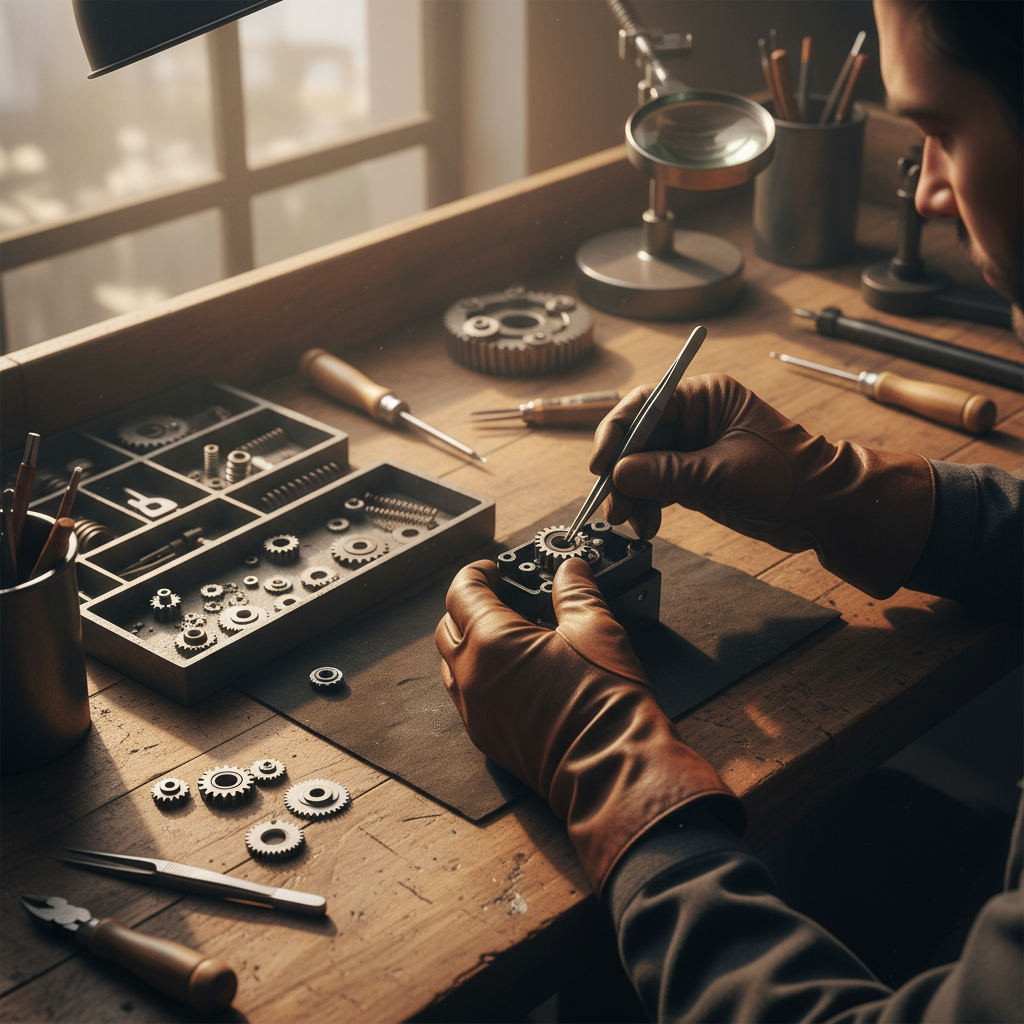 Mechanical fasteners allow for modular assembly and future serviceability of complex metal components. Technician hands assembling mechanical components on a workbench using precision tools in a workshop.