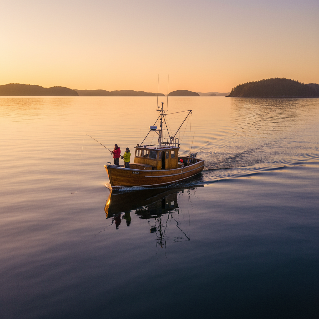 A typical morning starts with calm seas and the anticipation of the first strike. A fishing boat cutting through calm water near forested islands during the golden hour in Haida Gwaii.