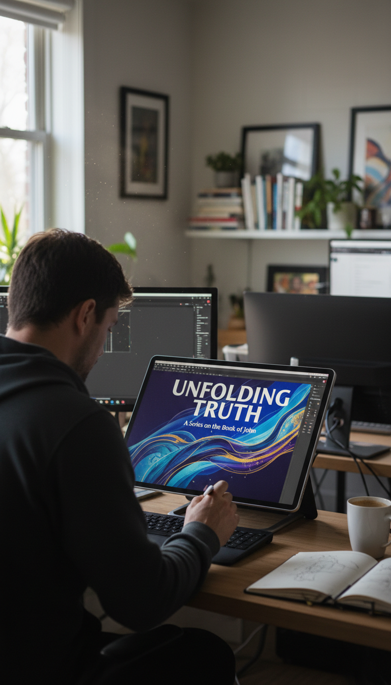Custom sermon series artwork helps capture the essence of your teaching and engages the congregation visually. A digital graphic designer using a tablet to sketch and finalize artwork for a new church sermon series.