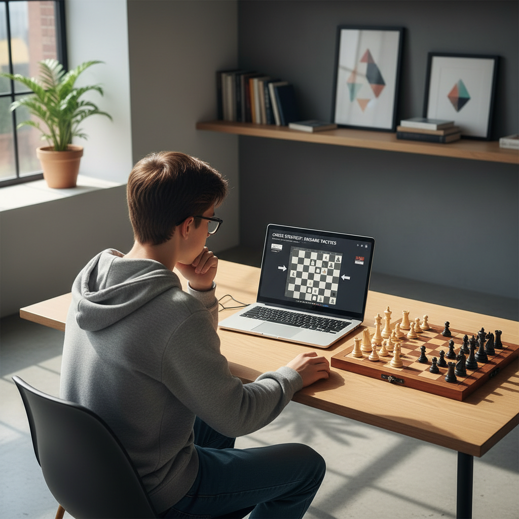 Short, daily digital puzzles can significantly boost a child's tactical awareness. A teenager focused on a chess lesson using a laptop at a home desk, illustrating online practice.