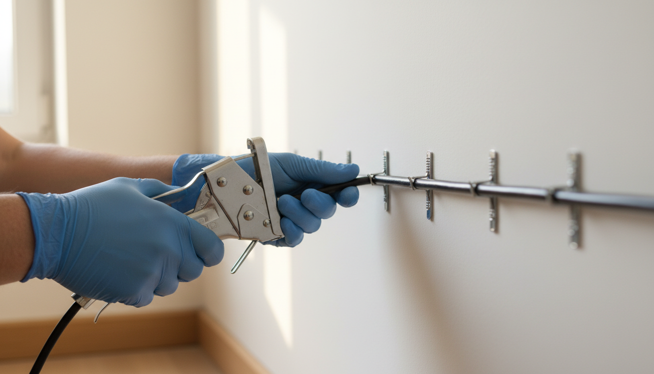 Proper implementation of hardware and network security is the foundation of insurance compliance. A close up of a technician's hands carefully managing network cables along a clean white wall.