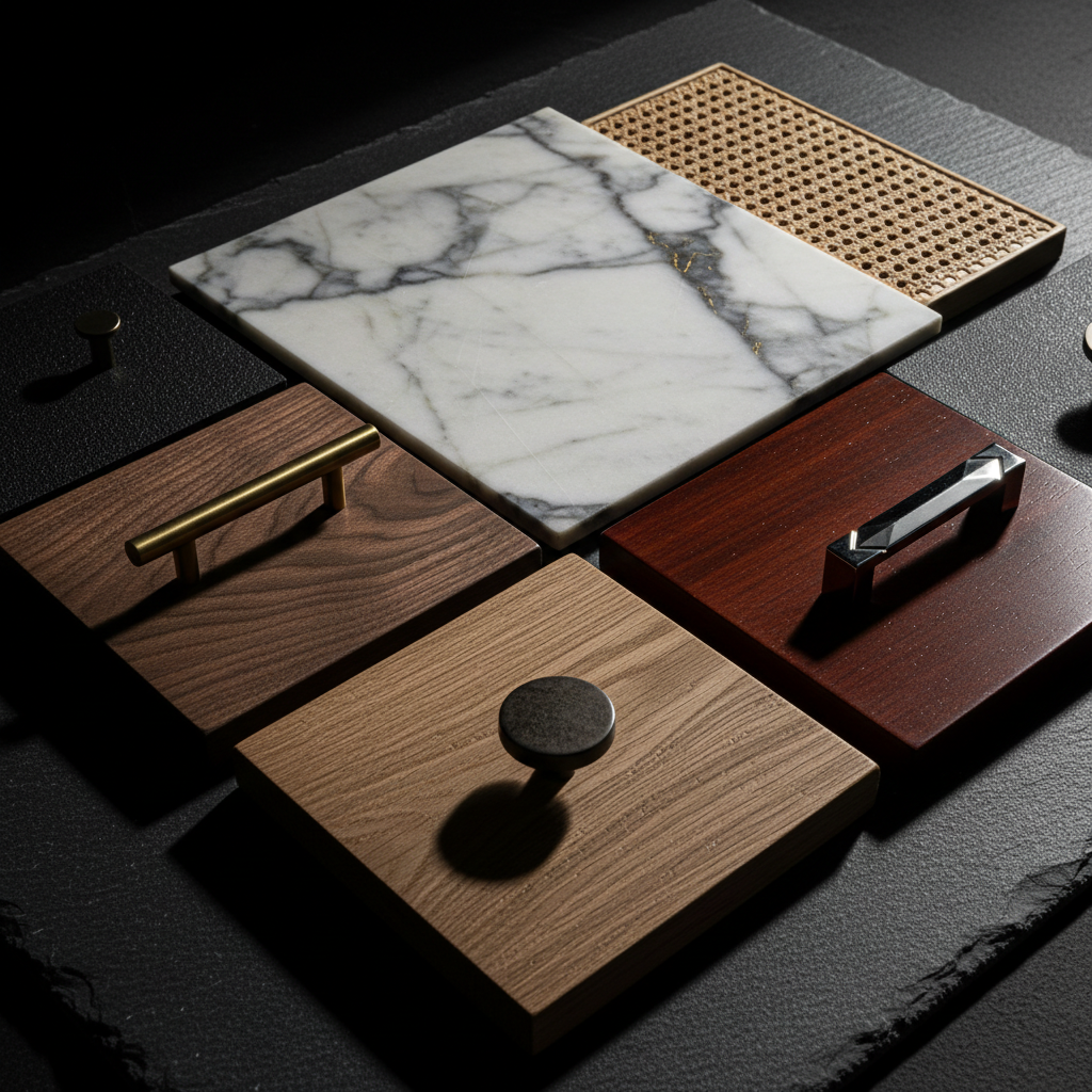 Choosing the right materials significantly impacts the total cost of your kitchen project. Premium cabinet material samples including wood finishes and hardware options displayed for a cost comparison.