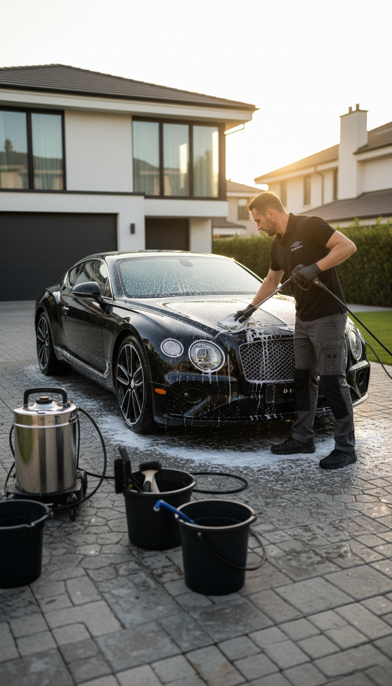 Magic Mike brings professional detailing equipment straight to your driveway or office. Professional mobile detailing technician washing a luxury vehicle at a residential driveway with modern equipment