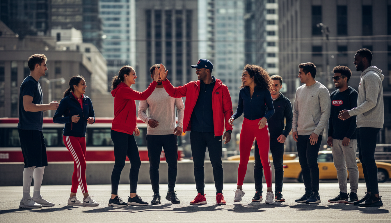 Kawhi's return sparks a new era of fan culture and excitement in downtown Toronto. A diverse group of young Toronto sports fans in stylish athletic wear standing together in an urban setting.