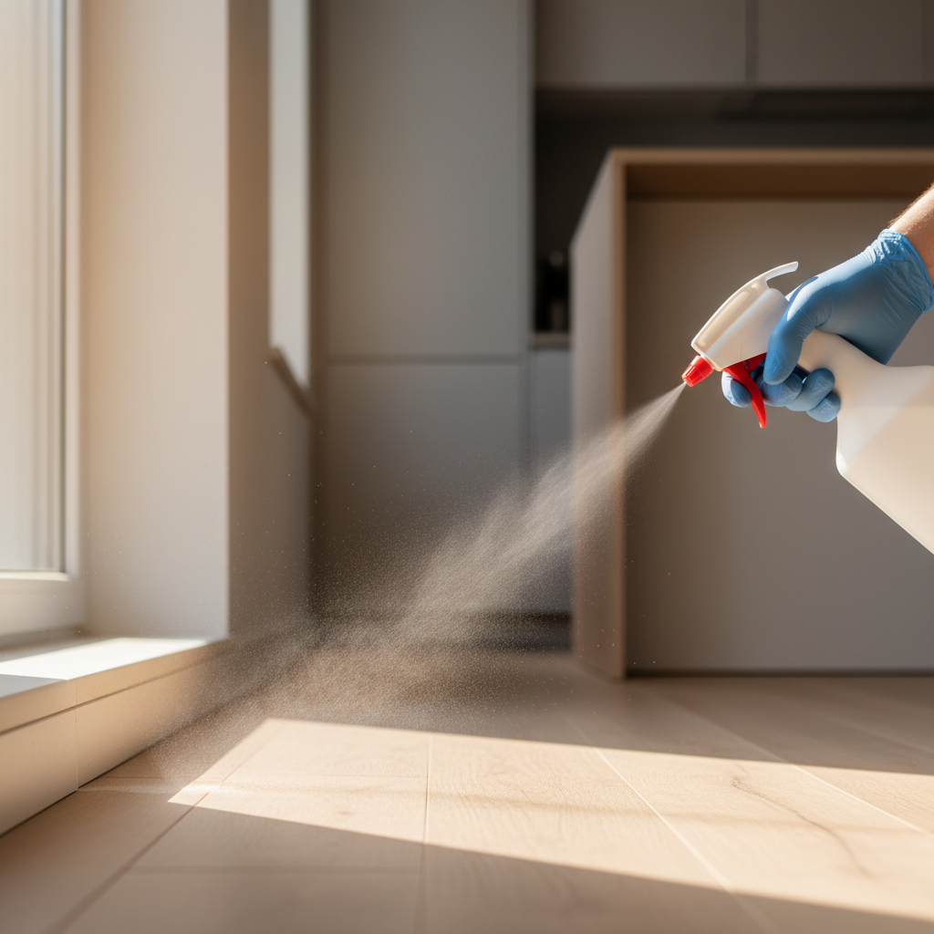 Targeted interior treatments provide a last line of defense against invading spiders. Gloved hand of a technician applying a fine mist preventative treatment along a residential baseboard.