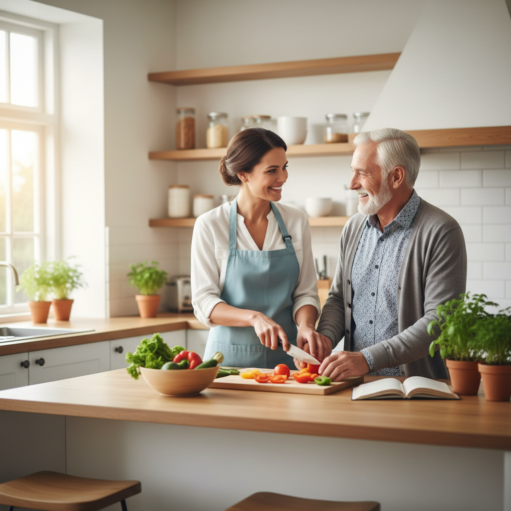 Personalized meal preparation ensures seniors receive proper nutrition while remaining safe in the kitchen. A caregiver assisting a senior man with meal preparation in a clean, bright Pueblo West kitchen.