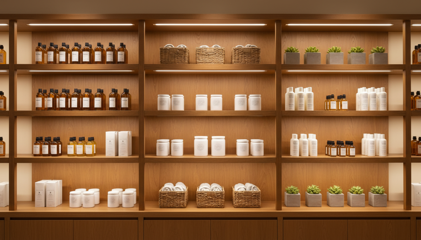 Your packaging must stand out among competitors while fitting perfectly within a retailer's planogram. A professional retail store shelf with neatly arranged products, showing how packaging looks on a real planogram.