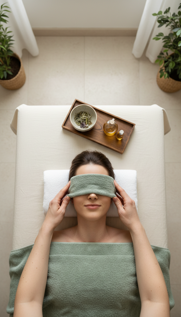 Restorative sessions are designed to facilitate deep sleep and combat travel-induced fatigue. Overhead view of a client resting with a towel over their eyes while receiving a restorative scalp massage.