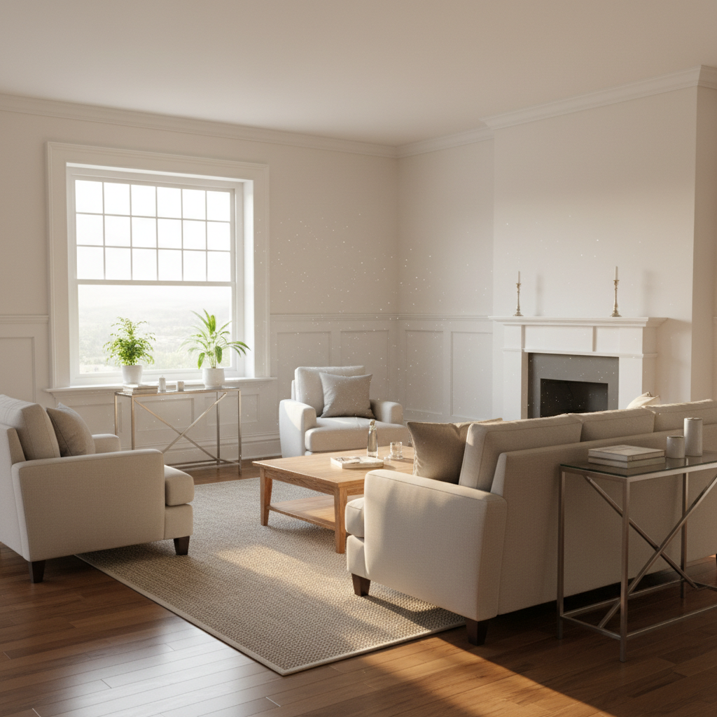 Professional residential cleaning focuses on creating a healthy, dust-free environment for your family. Sunlit living room in Georgia with perfectly dusted surfaces and clean baseboards after a residential cleaning service.