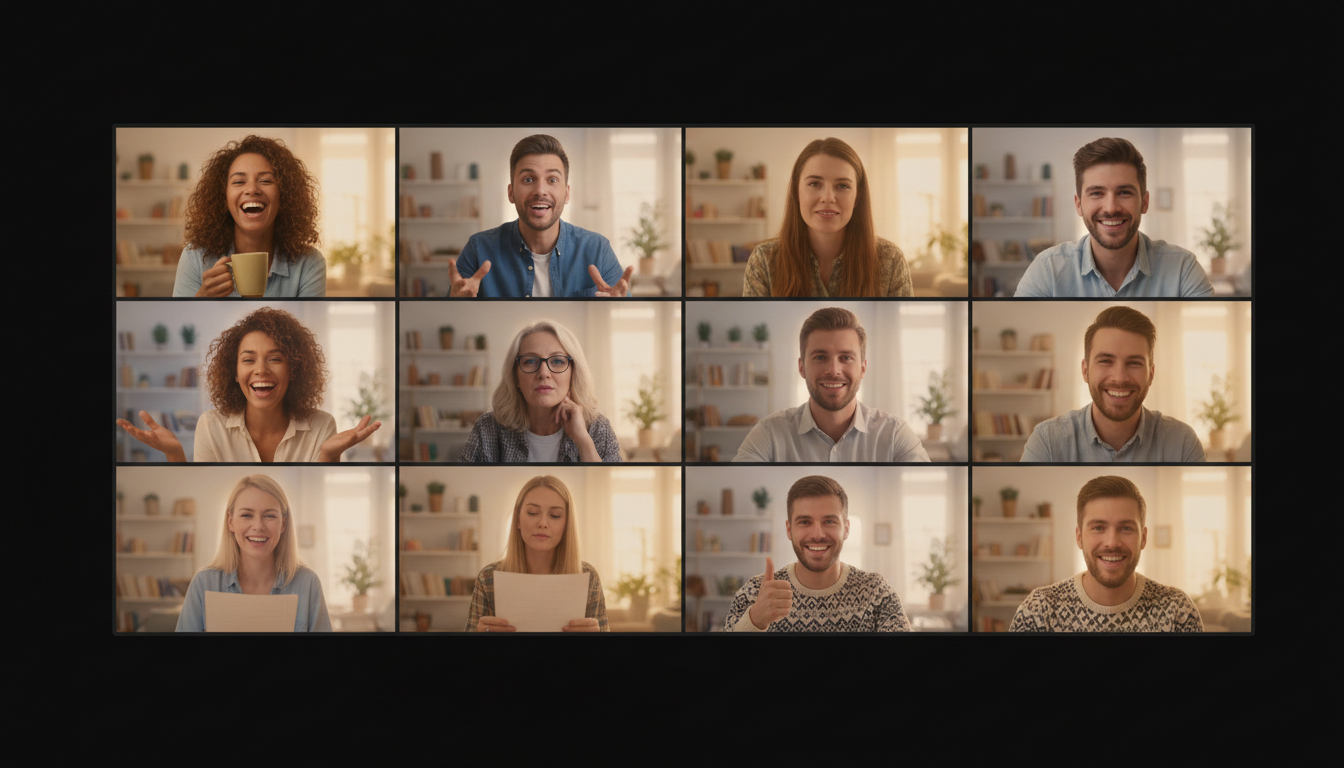 Our Zoom fellowships provide a safe and welcoming space to begin sharing your story. A group of people on a video call screen with warm lighting and engaged, supportive expressions.