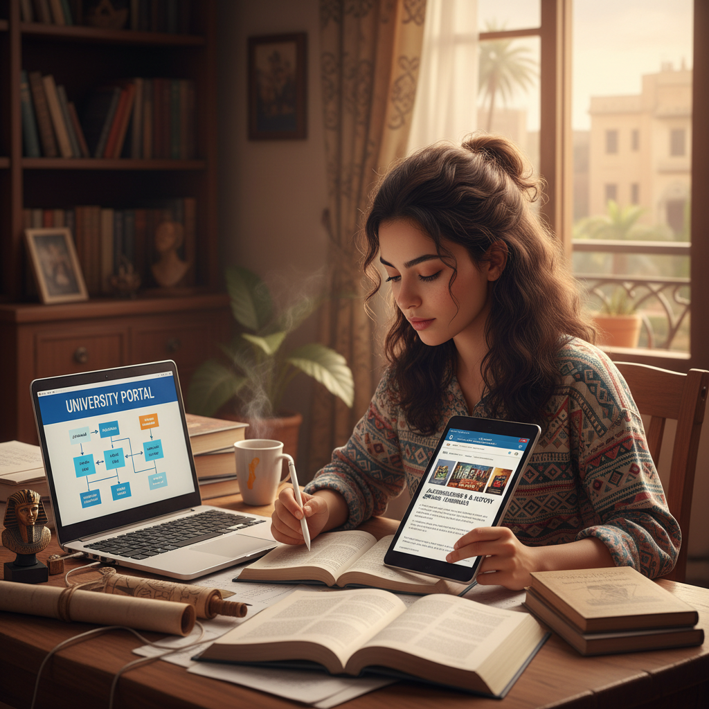 استخدام الوسائل الرقمية يساعد الطلاب في تحديد الكليات المناسبة لمجموعهم بدقة طالب مصري يستخدم اللابتوب والتابلت للبحث عن تنسيق الجامعات وترتيب الرغبات من المنزل