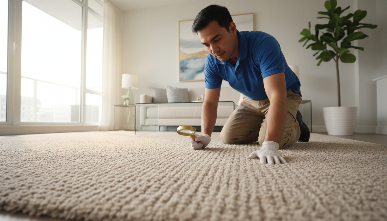 Deep cleaning is significantly more cost effective than premature carpet replacement in commercial spaces. A professional carpet cleaner inspecting a freshly cleaned carpet to ensure high quality results.